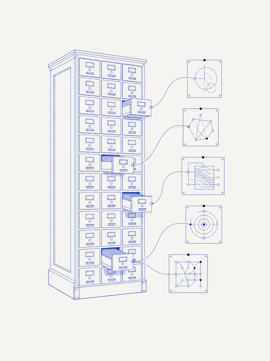Etching of an archive cabinet with open indexed drawers
