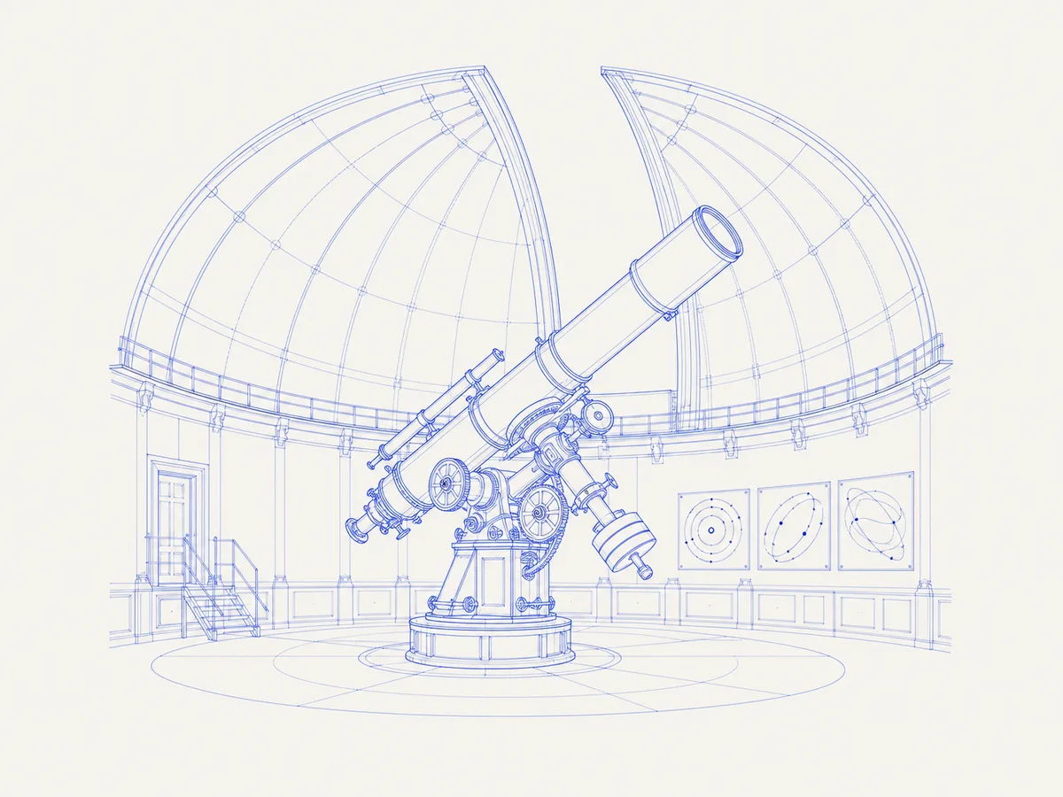 Etching of a large observatory telescope under an open dome